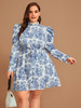 Plus Mock Neck Landscape Print Gigot Sleeve Belted Dress