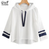 Dotfashion Striped Dip Hem Hoodie 2017 New White Long Sleeve Pullovers Top Women Autumn Seam Drawstring Casual Sweatshirt