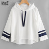 Dotfashion Striped Dip Hem Hoodie 2017 New White Long Sleeve Pullovers Top Women Autumn Seam Drawstring Casual Sweatshirt