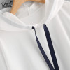 Dotfashion Striped Dip Hem Hoodie 2017 New White Long Sleeve Pullovers Top Women Autumn Seam Drawstring Casual Sweatshirt