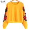 Dotfashion Rose Embroidered Applique Sweatshirt 2017 Yellow Round Neck Long Sleeve Pullovers Women Autumn Sweatshirt