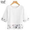 Dotfashion Mesh Paneled Button Back Blouse 2017 White Half Sleeve Print Zipper Top Summer Round Neck Tunic Casual Blouse