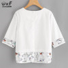 Dotfashion Mesh Paneled Button Back Blouse 2017 White Half Sleeve Print Zipper Top Summer Round Neck Tunic Casual Blouse