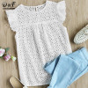 Dotfashion Buttoned Keyhole Flutter Sleeve Blouses Cap Sleeve Blouses With Ruffle Summer Eyelet Embroidered Smock Tops