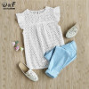 Dotfashion Buttoned Keyhole Flutter Sleeve Blouses Cap Sleeve Blouses With Ruffle Summer Eyelet Embroidered Smock Tops