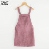Dotfashion Bib Pocket Front Overall Short Dress 2018 Pink Zip Button Pinafore Shift Dress Female Sleeveless Plain Dress