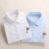 Dioufond Women School Shirt White Blue Tops Ladies Blouses Long Sleeve Shirt Female Office Top Pocket With Cat Embroidery