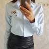 Dioufond Women School Shirt White Blue Tops Ladies Blouses Long Sleeve Shirt Female Office Top Pocket With Cat Embroidery