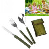 3pcs/set Multi-function Stainless Steel Army Green Folding Cutlery Set with Pouch Cooking Survival Camping Picnic Tableware