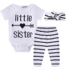 3PCS Set Newborn Baby Clothes Little Sister Print Baby Romper Bodysuit+Striped Pant Headband Outfits Children Clothing Set 0-24M