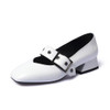 Kickway Cow Leather Shoes Woman Genuine Leather Square Toe Thick Med Heel Dress Shoes Women Buckle Fashion Mary Jane Shoes