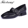 Kickway Cow Leather Shoes Woman Genuine Leather Square Toe Thick Med Heel Dress Shoes Women Buckle Fashion Mary Jane Shoes