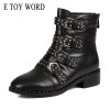 E TOY WORD 2017 New Leather Rivets Booties Buckle Straps Thick Heel Black Ankle Boots Studded Motorcycle Winter Woman Boots