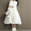 Johnature Cotton Linen White Color Women Dress 2017 Autumn New Long Sleeve Stand Neck Loose Bat Sleeve Irregular Dress