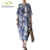 Johnature Cotton Linen Vintage Flower Pint Women Fall Dress Half Sleeve O-neck Washed Plus Size Loose 2017 New Autumn Women Robe