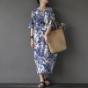 Johnature Cotton Linen Vintage Flower Pint Women Fall Dress Half Sleeve O-neck Washed Plus Size Loose 2017 New Autumn Women Robe