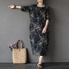 Johnature Cotton Linen Vintage Flower Pint Women Fall Dress Half Sleeve O-neck Washed Plus Size Loose 2017 New Autumn Women Robe