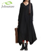 Johnature 2017 Autumn New Women Black Color Casual Dress Robe Long Sleeve V Neck Loose Brief Loose Irregular Long Dress