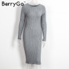 BerryGo Winter split knitted bodycon dress women Sexy long sleeve midi dress 2016 Elegant warm slim sweater dress vestidoes