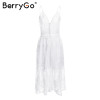 BerryGo v neck sexy lace summer dress women Strap button casual white dress female Streetwear backless midi dress vestidos 2018