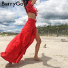 BerryGo Vintage club long dress Two piece set beach summer dress women 2017 new year Off shoulder chiffon red maxi dress vestido
