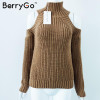 BerryGo turtleneck off shoulder sexy pullover sweater women Tricot oversize jumper pull femme Autumn fashion knitted top