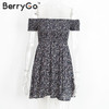 BerryGo Sexy off shoulder print summer dress Vintage high waist beach dress 2016 Elegant fit and flare short girls dresses women