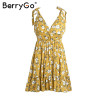 BerryGo Sexy backless print padded summer dress women Summer casual beach boho dresses V neck a-line mini short dress