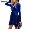 BerryGo Ruffle velvet sexy dress women Deep V sash short dress Autumn winter 2017 long sleeve wrap dress female vestido de festa
