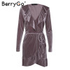 BerryGo Ruffle velvet sexy dress women Deep V sash short dress Autumn winter 2017 long sleeve wrap dress female vestido de festa