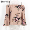BerryGo Off shoulder chiffon blouse shirt women Sexy summer white print blouse Casual flare sleeve cool blouse
