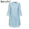 BerryGo Lace embroidery cotton mini dress women Ruffle sleeve causal white dress Hollow out spring short dress vestidos