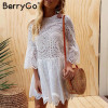 BerryGo Lace embroidery cotton mini dress women Ruffle sleeve causal white dress Hollow out spring short dress vestidos