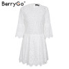 BerryGo Lace embroidery cotton mini dress women Ruffle sleeve causal white dress Hollow out spring short dress vestidos