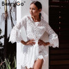 BerryGo Lace embroidery cotton mini dress women Ruffle sleeve causal white dress Hollow out spring short dress vestidos