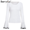 BerryGo Fashion autumn winter sweater women tops Sexy flare sleeve white knitting pullover Casual soft elastic jumper pull femme