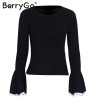 BerryGo Fashion autumn winter sweater women tops Sexy flare sleeve white knitting pullover Casual soft elastic jumper pull femme