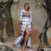BerryGo Boho floral print chiffon split long dress Women sash wrap maxi  sexy dress Eleagnt beach summer v neck dress vestidos