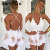 BerryGo Boho floral white lace elegant jumpsuit romper Sexy backless strap summer beach playsuit Women chiffon short overalls