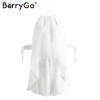 BerryGo Backless white chiffon halter jumpsuit romper Women ruffle sleeveless short playsuit Summer casual streetwear overalls