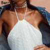 BerryGo Backless white chiffon halter jumpsuit romper Women ruffle sleeveless short playsuit Summer casual streetwear overalls