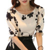 Embroidered Shirt Women Summer Tops Floral Black White Slim Chiffon Blouse Brand Quality Plus Size Casual Bow Half Sleeve Shirt