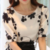 Embroidered Shirt Women Summer Tops Floral Black White Slim Chiffon Blouse Brand Quality Plus Size Casual Bow Half Sleeve Shirt