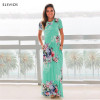 ELSVIOS Women Bohemia Floral Print Long Dress Women Short Sleeve O Neck Beach Boho Long Dress Loose Maxi Dress Vestido Plus Size