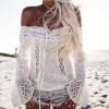 ELSVIOS Lace Stitching Blouses Sexy Hollow Out Off Shoulder Blouses Shirts Long Flare Sleeve White Black Cotton Blusa Women Tops