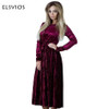 ELSVIOS 2018 Spring Velvet Pleated Dress Women Winter Autumn Robe Velours Elegant Vintage Belted Long Sleeve Dress With Sashes