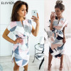 ELSVIOS 2018 Sexy V-Neck Printed Section Dress Women Summer Beach Dress Casual Short Sleeve Dresses With Belt Vestidos 6 colors