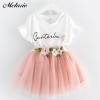 Girls Dress 2018 Brand Kids Clothes Butterfly Sleeve Letter T-shirt+Floral Voile Dress 2Pcs for Clothing Sets Children Dress