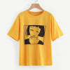 ROMWE Yellow Girl Print Front Tee Shirt Women Pattern Casual Summer Top 2018 New Round Neck Short Sleeve Graphic T-Shirt