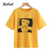 ROMWE Yellow Girl Print Front Tee Shirt Women Pattern Casual Summer Top 2018 New Round Neck Short Sleeve Graphic T-Shirt